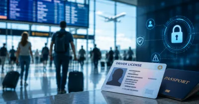 ID and passport in front of travelers at an airport